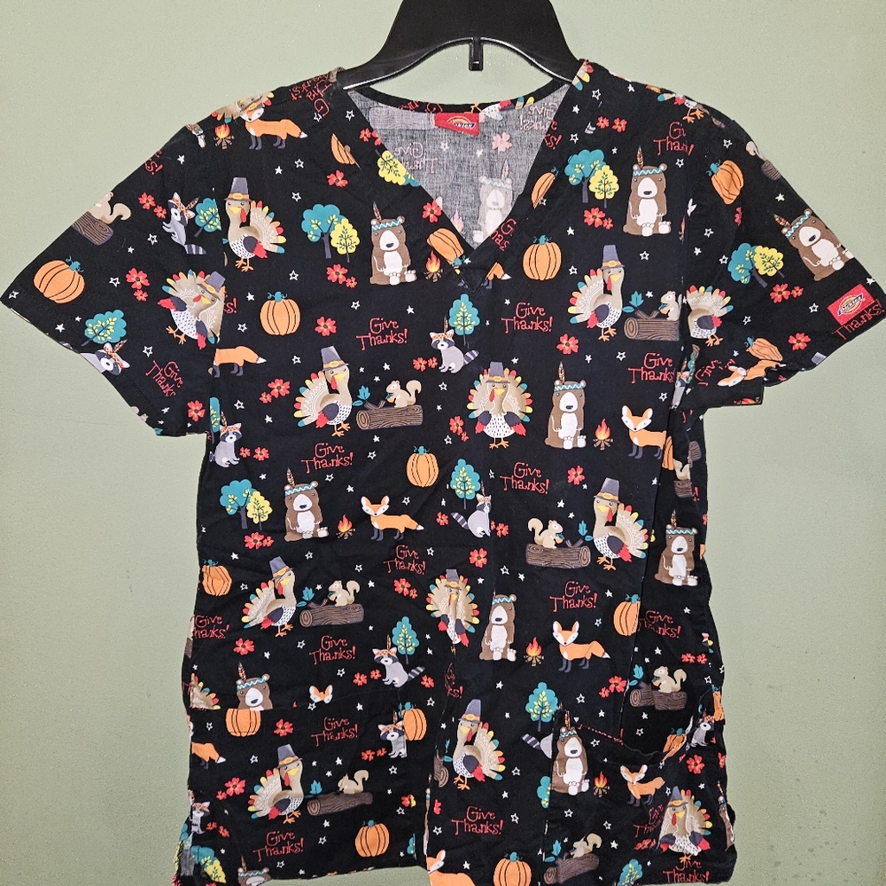 Thanksgiving Holiday Scrub Top featuring Cute Thankful Animals